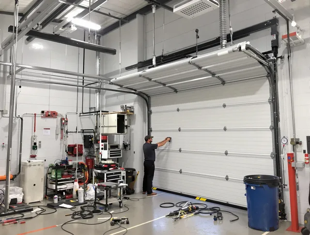 Warwick Garage Door Repair certified technician performing commercial door repair at a Warwick business facility