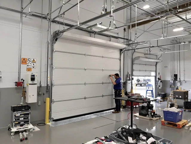 Commercial garage door repair being performed by Warwick Garage Door Repair expert in Warwick