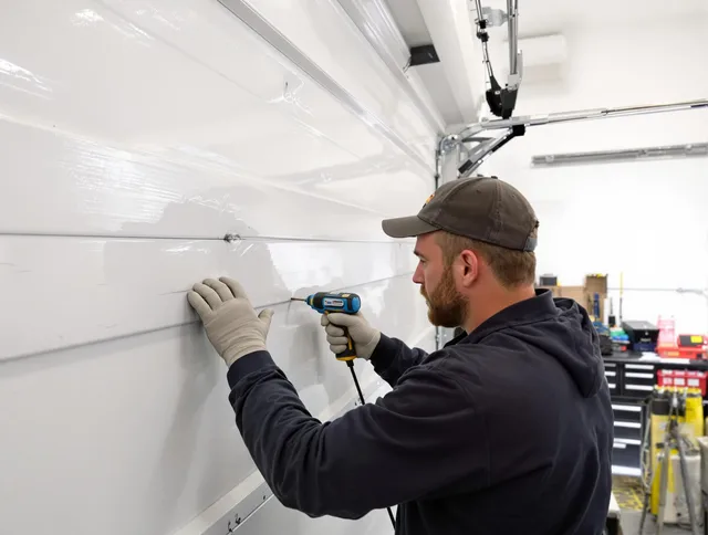 Warwick Garage Door Repair technician demonstrating precision dent removal techniques on a Warwick garage door