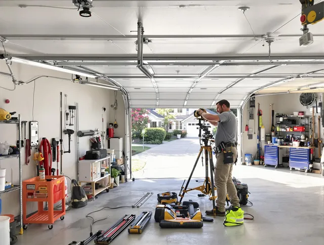 Warwick Garage Door Repair specialist performing laser-guided track alignment in Warwick